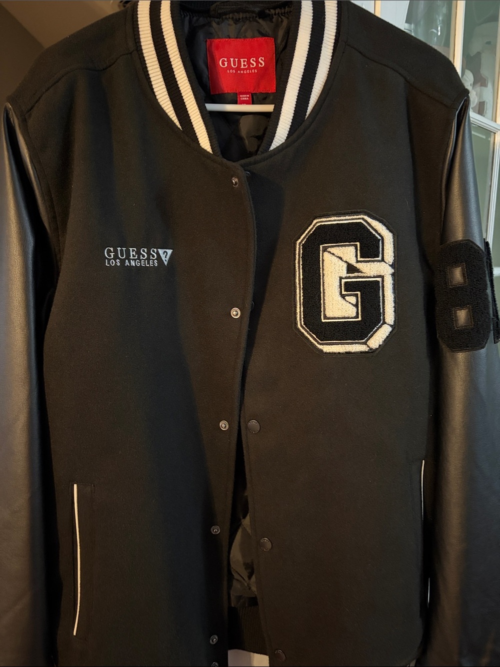 GUESS Black Bomber Varsity Jacket with White Trim